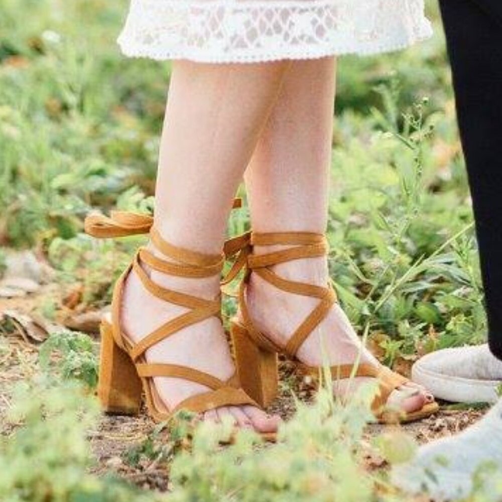 Antonio Melani Cognac Suede Lace Up Block Heeled Sandals 6.5